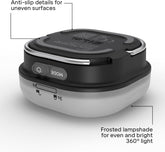 Black and white portable light with labeled features on a white background